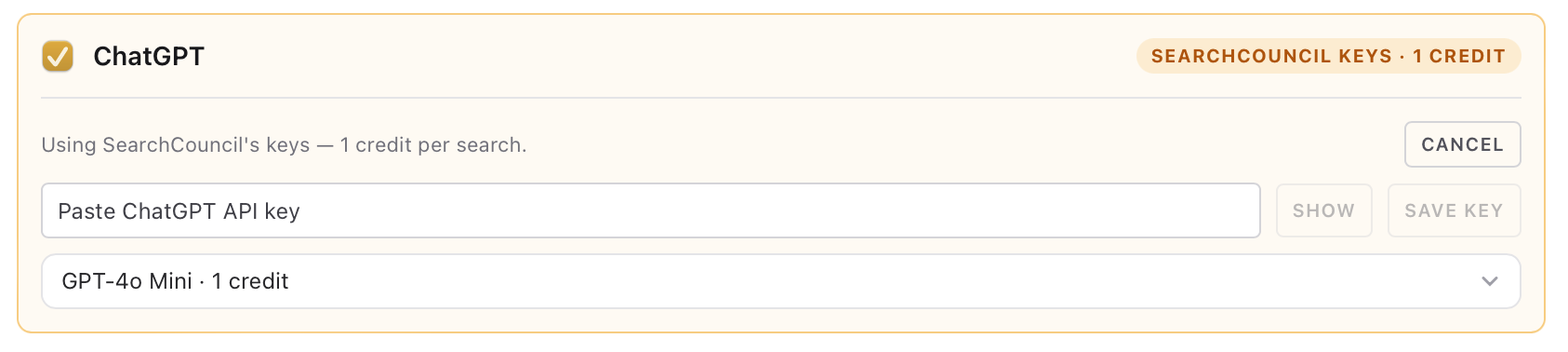 Connect your own API keys in SearchCouncil settings